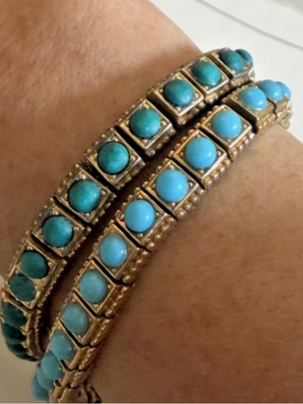 Vtg Signed Ciner Gold Tennis Bracelets w/ Turquoise & Green Cabochons, 4 repair